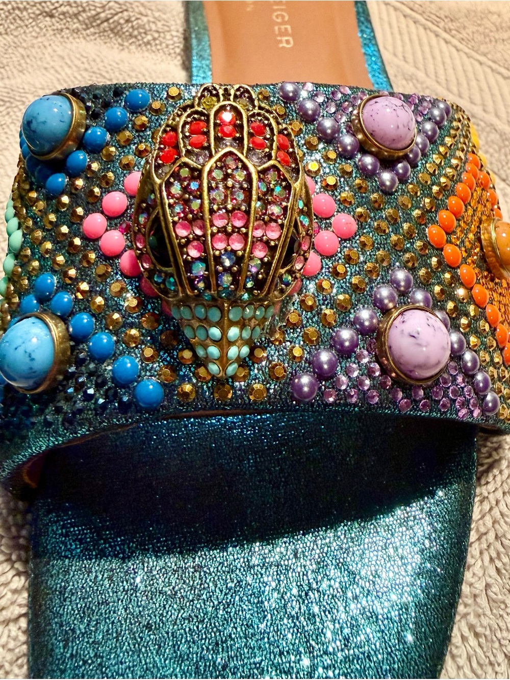 Kurt Geiger Teal Multicolor Jeweled Slide Sandals - Picture 2 of 5